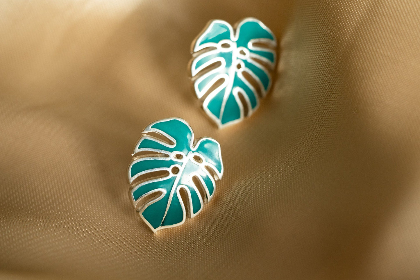 Stud earrings "Monstera" with green enamel