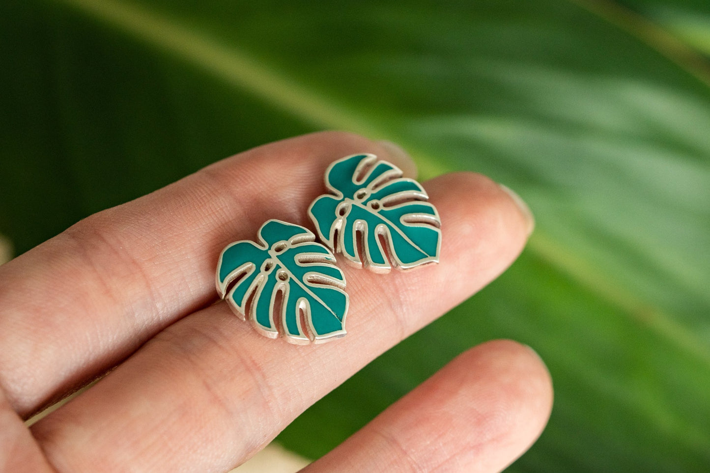 Stud earrings "Monstera" with green enamel