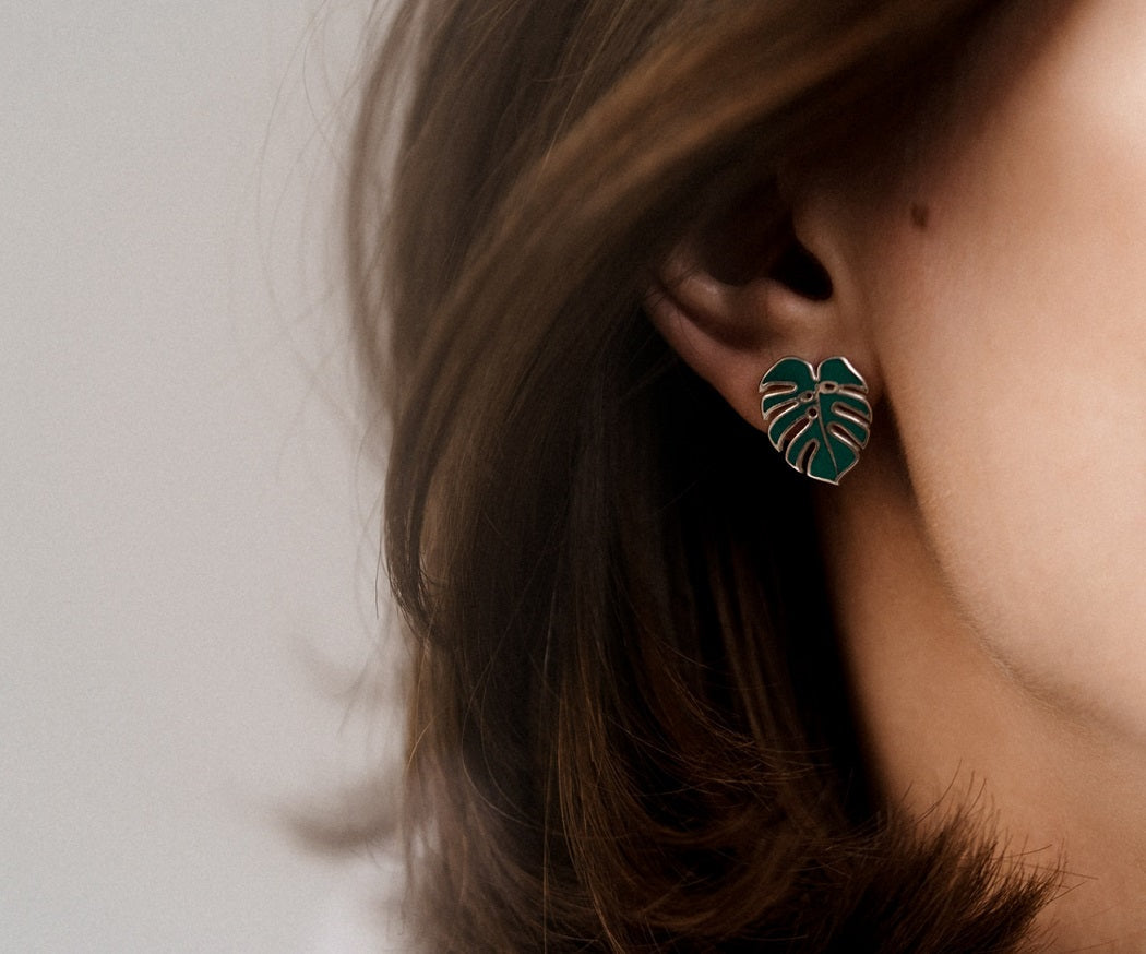 Stud earrings "Monstera" with green enamel