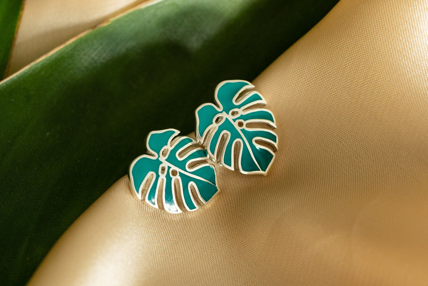 Stud earrings "Monstera" with green enamel