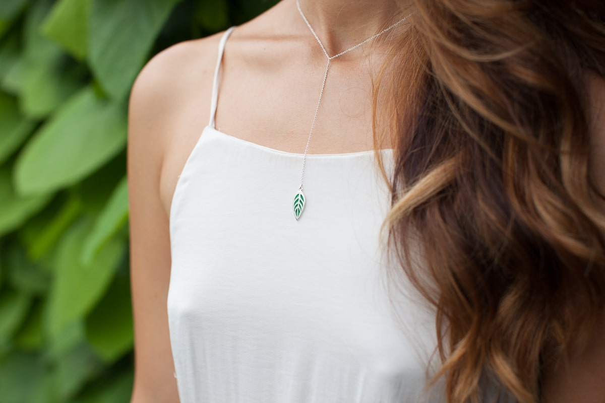 Necklace "Indian Leaf" with green enamel