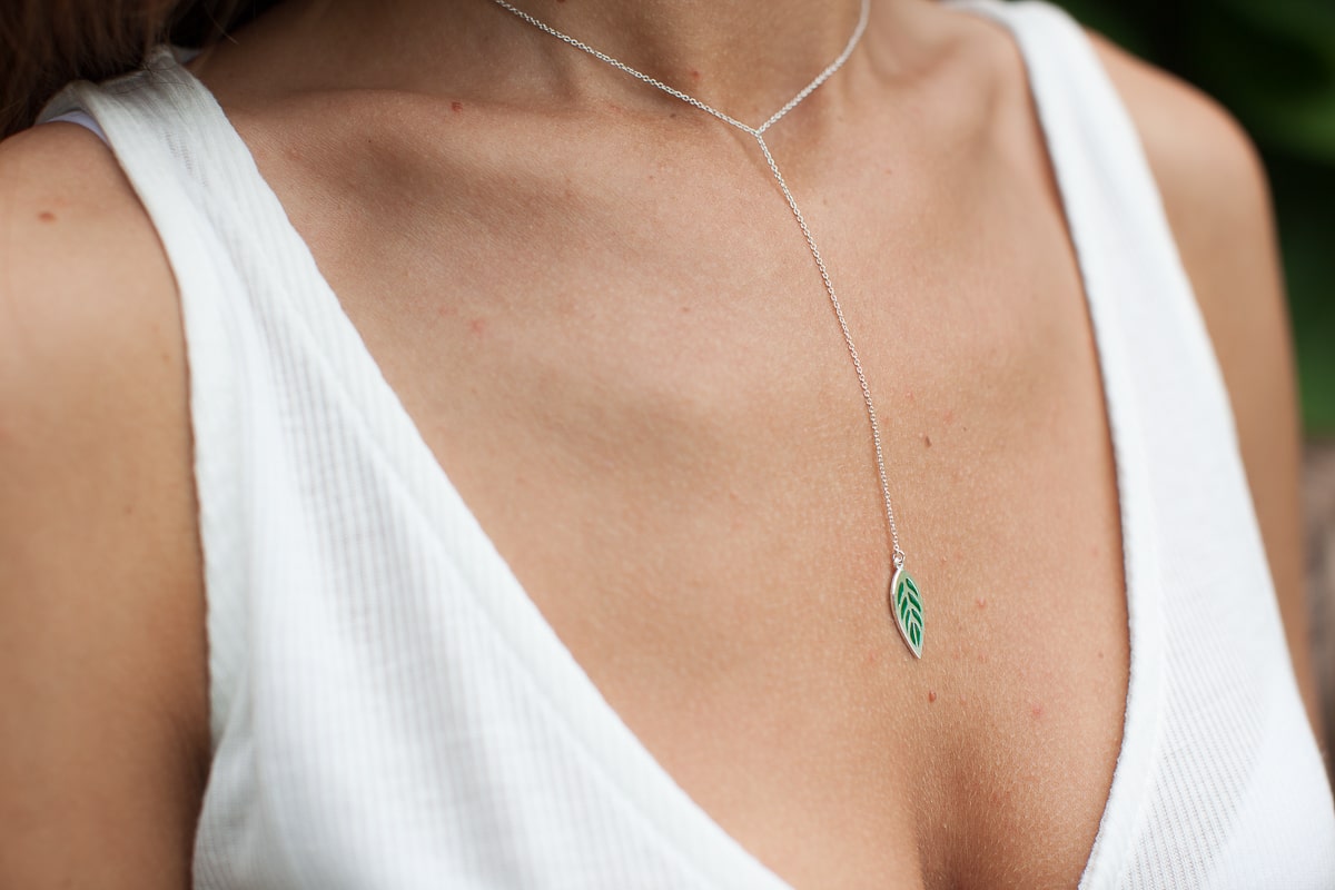 Necklace "Indian Leaf" with green enamel