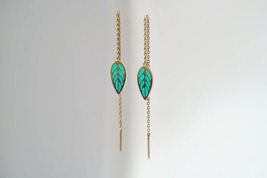Broach earrings "Indian leafs" with enamel (chain length 8 cm)