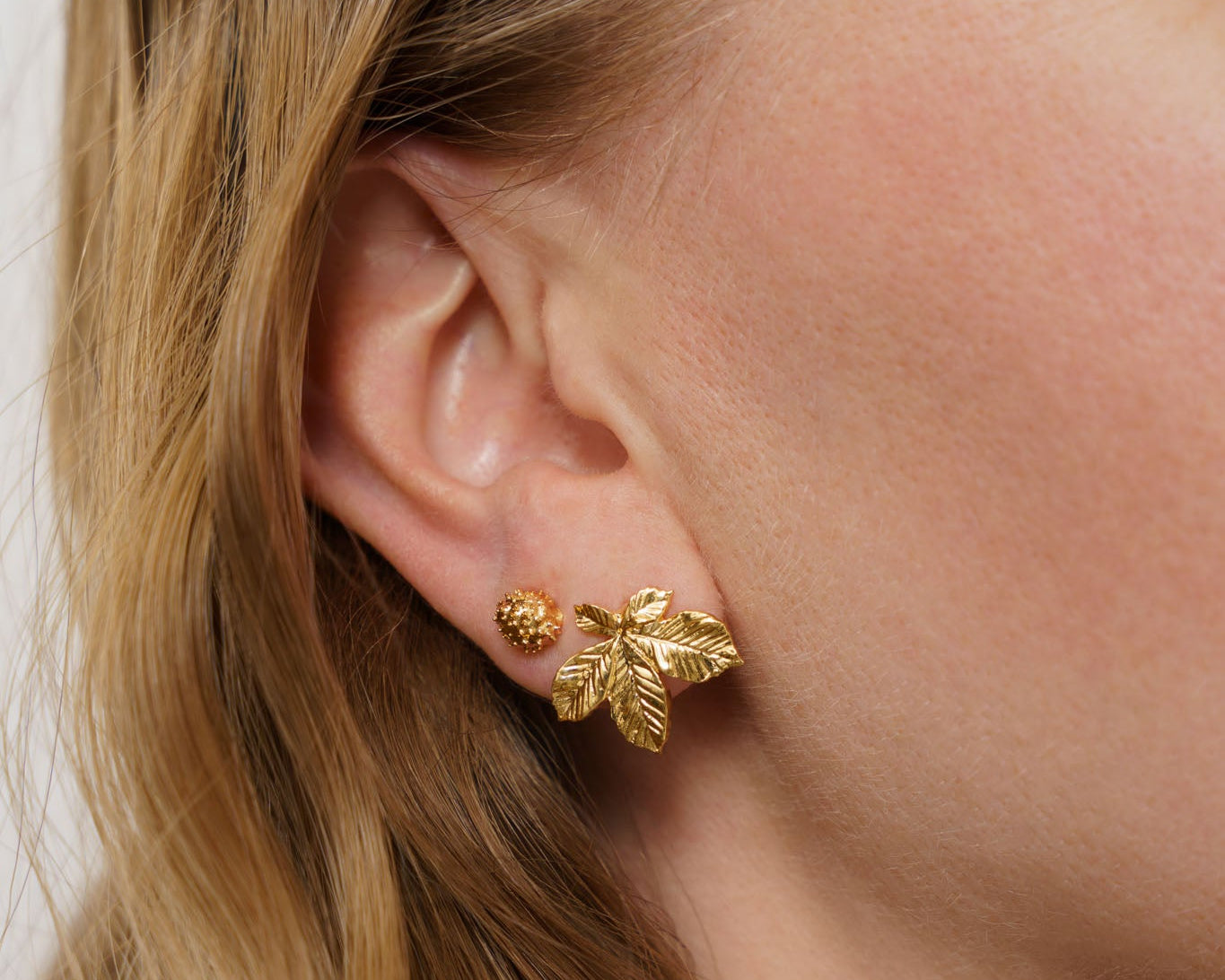 Earrings set “Chestnut Nut&Leaf” (8&20 mm) light